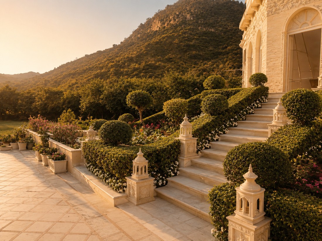Topiary garden with stone steps