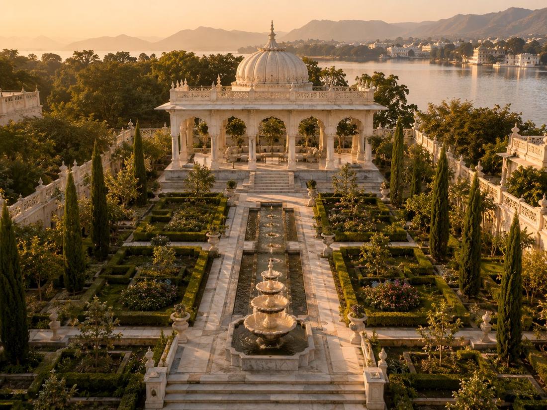 Baradari pavilion with irrigation planting