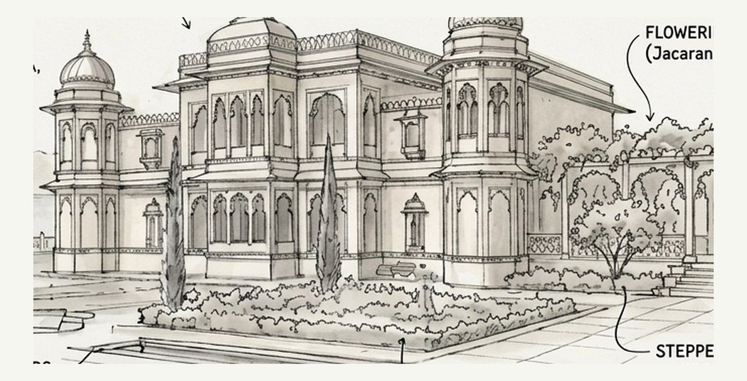 Concept sketch, elevation: palace and stepped terraces